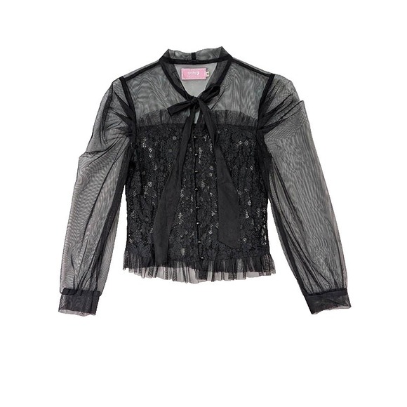 Bomy Tops - Lace Sheer Top Womens M Black Coquette Whimsigoth Fairy Lolita Goth Steampunk